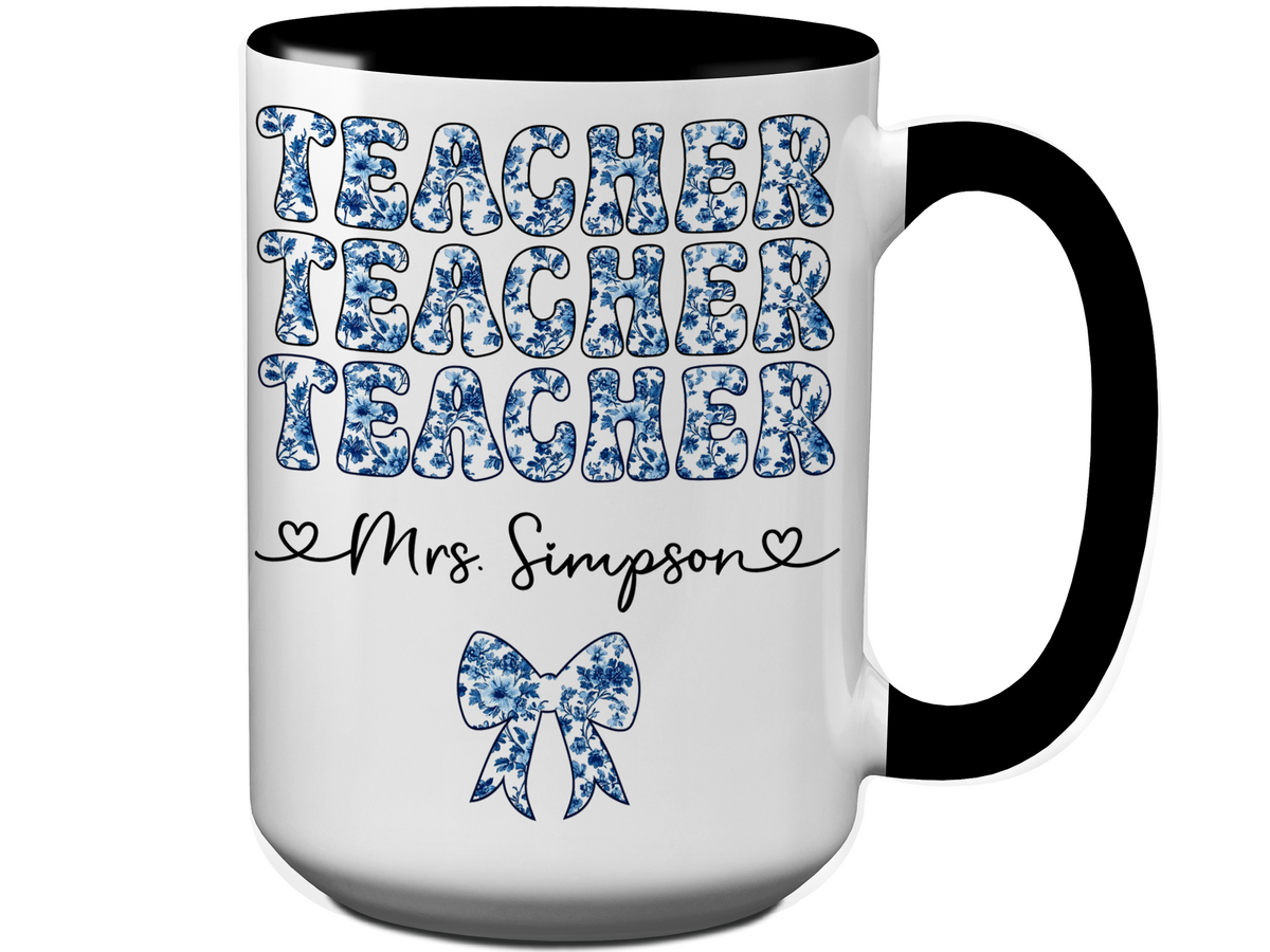 Personalized Teacher Mug – Blue Chinoiserie Flower Pattern with Custom Name & Bow – Teacher Appreciation Gift V3