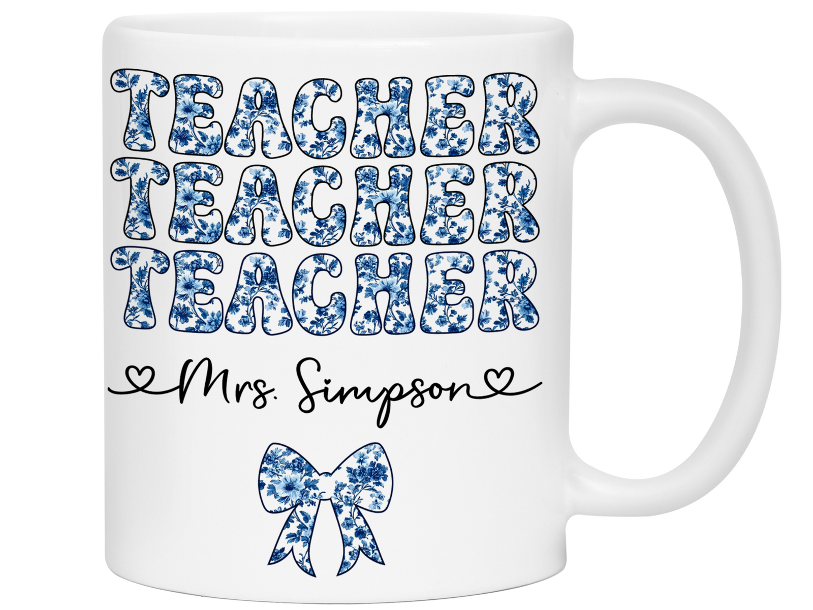 Personalized Teacher Mug – Blue Chinoiserie Flower Pattern with Custom Name & Bow – Teacher Appreciation Gift V3