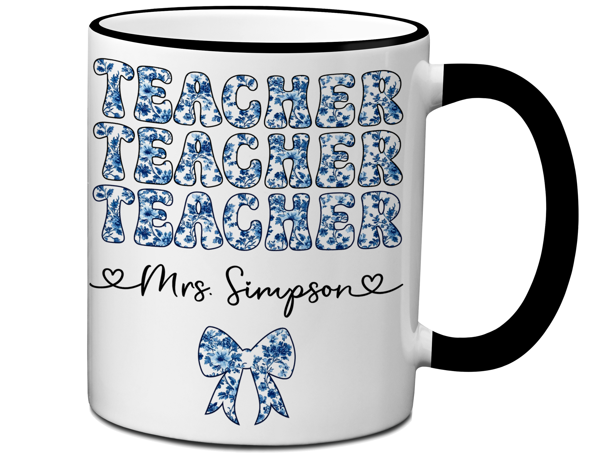 Personalized Teacher Mug – Blue Chinoiserie Flower Pattern with Custom Name & Bow – Teacher Appreciation Gift V3