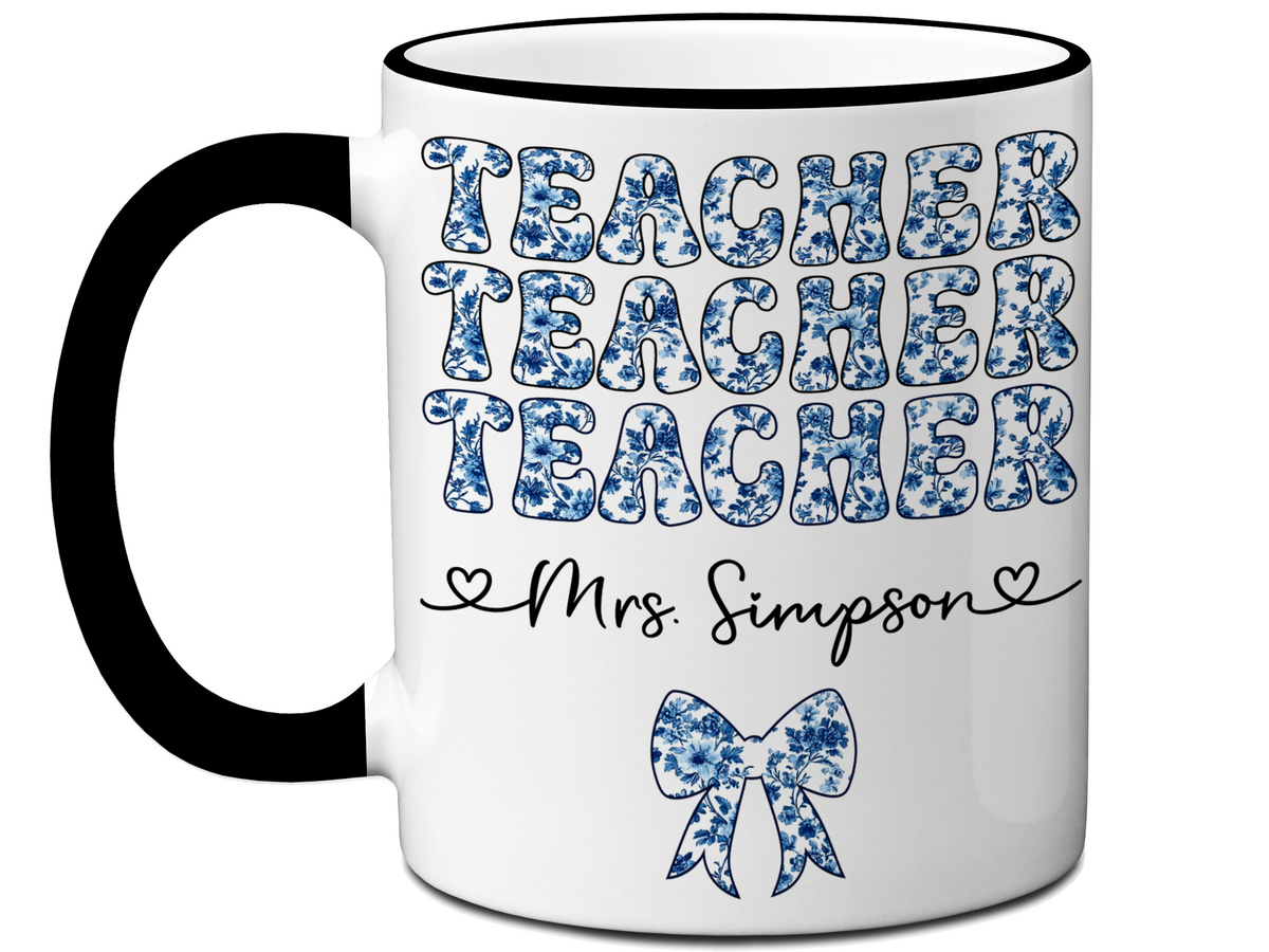 Personalized Teacher Mug – Blue Chinoiserie Flower Pattern with Custom Name & Bow – Teacher Appreciation Gift V3