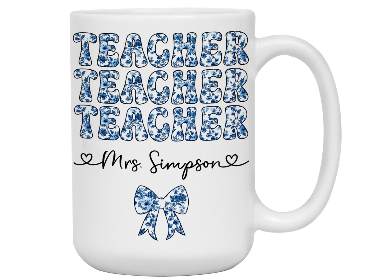Personalized Teacher Mug – Blue Chinoiserie Flower Pattern with Custom Name & Bow – Teacher Appreciation Gift V3