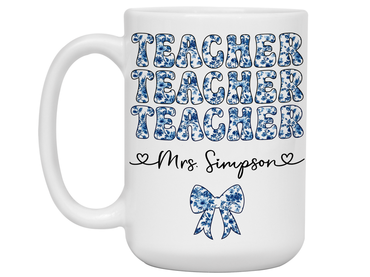 Personalized Teacher Mug – Blue Chinoiserie Flower Pattern with Custom Name & Bow – Teacher Appreciation Gift V3