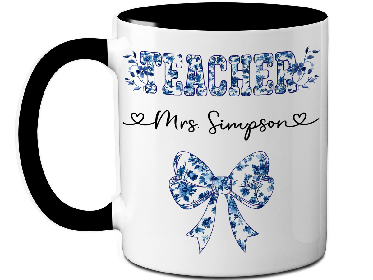 Personalized Teacher Mug – Blue Chinoiserie Flower Pattern with Custom Name & Bow – Teacher Appreciation Gift