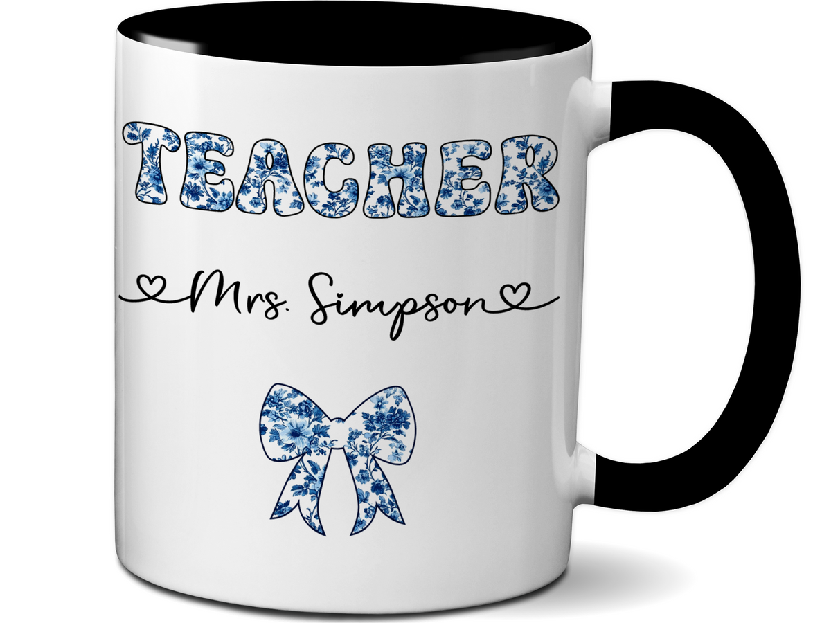 Personalized Teacher Mug – Blue Chinoiserie Flower Pattern with Custom Name & Bow – Teacher Appreciation Gift V2