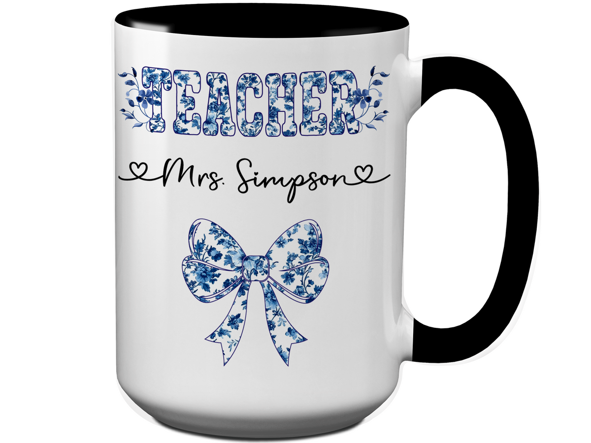 Personalized Teacher Mug – Blue Chinoiserie Flower Pattern with Custom Name & Bow – Teacher Appreciation Gift