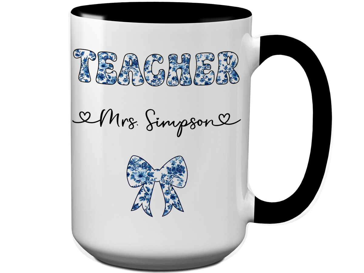 Personalized Teacher Mug – Blue Chinoiserie Flower Pattern with Custom Name & Bow – Teacher Appreciation Gift V2