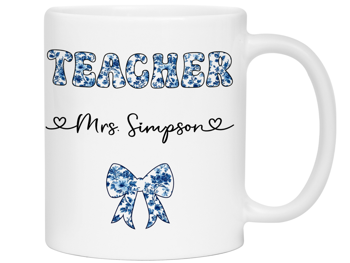 Personalized Teacher Mug – Blue Chinoiserie Flower Pattern with Custom Name & Bow – Teacher Appreciation Gift V2