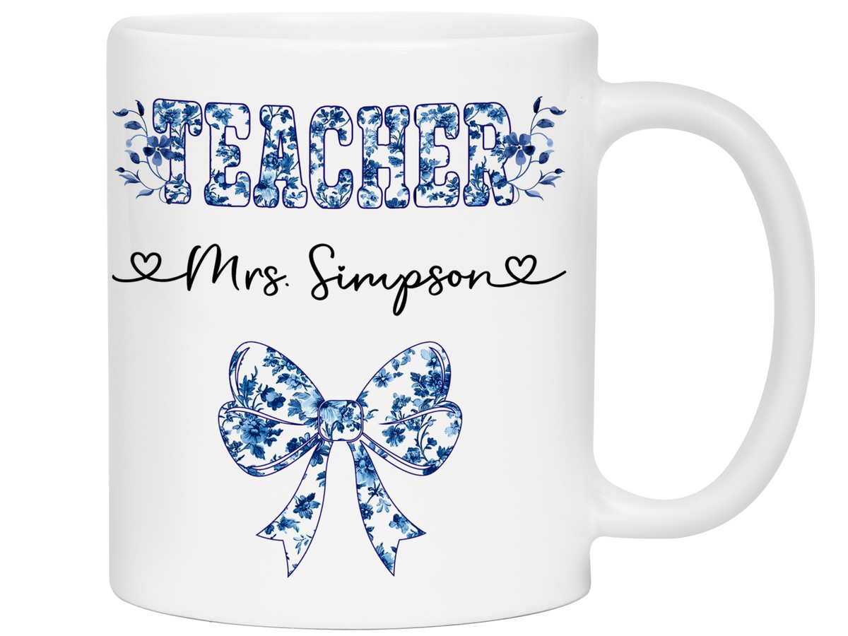 Personalized Teacher Mug – Blue Chinoiserie Flower Pattern with Custom Name & Bow – Teacher Appreciation Gift