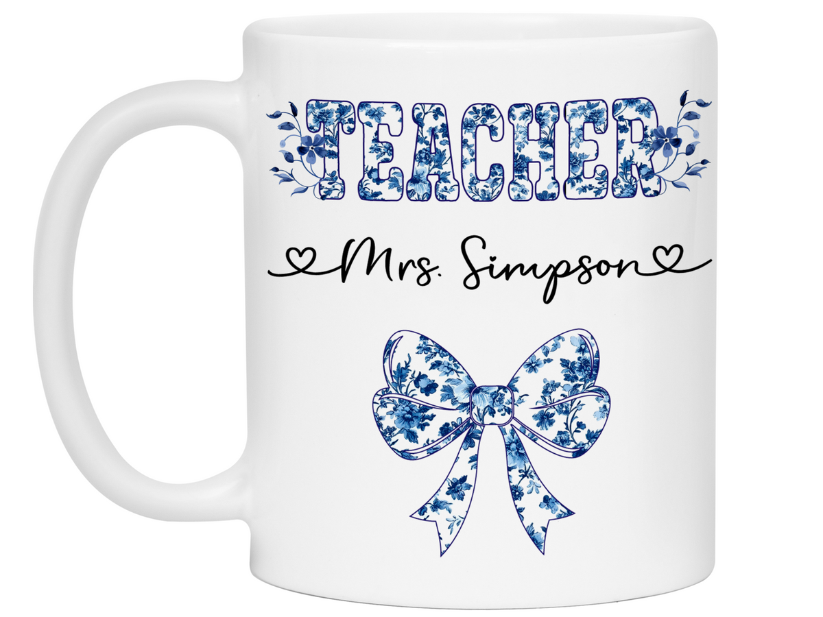 Personalized Teacher Mug – Blue Chinoiserie Flower Pattern with Custom Name & Bow – Teacher Appreciation Gift