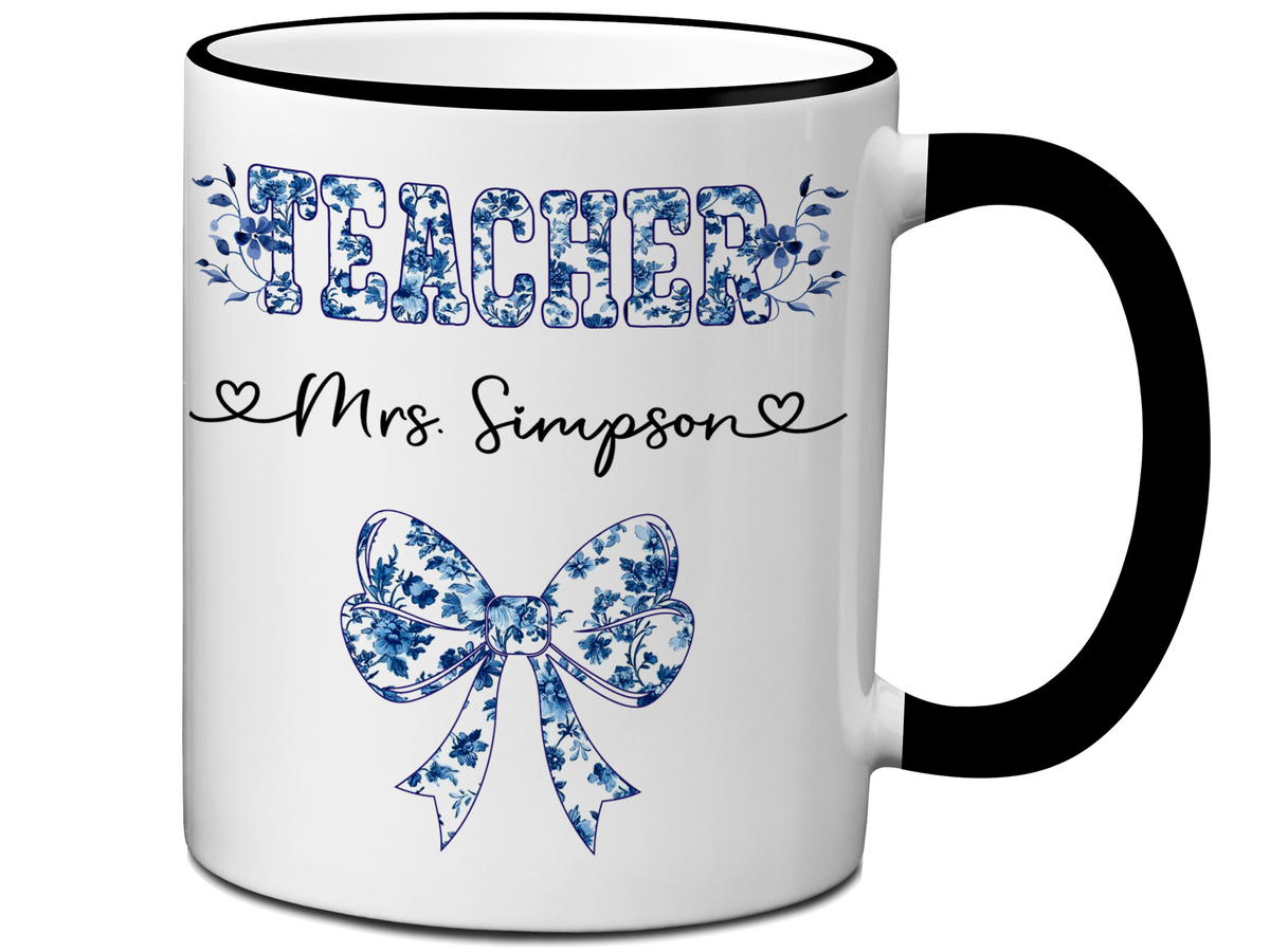 Personalized Teacher Mug – Blue Chinoiserie Flower Pattern with Custom Name & Bow – Teacher Appreciation Gift