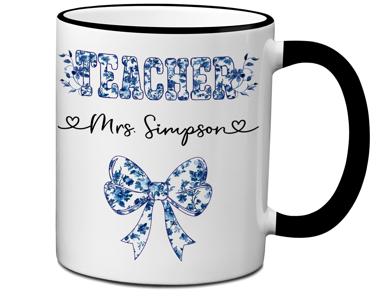 Personalized Teacher Mug – Blue Chinoiserie Flower Pattern with Custom Name & Bow – Teacher Appreciation Gift