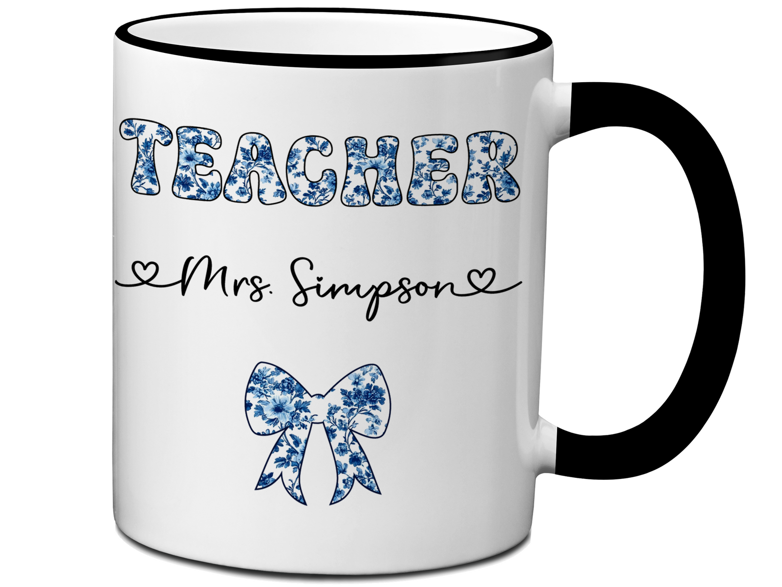Personalized Teacher Mug – Blue Chinoiserie Flower Pattern with Custom Name & Bow – Teacher Appreciation Gift V2