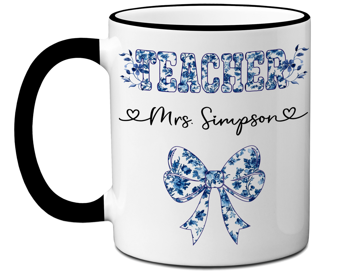 Personalized Teacher Mug – Blue Chinoiserie Flower Pattern with Custom Name & Bow – Teacher Appreciation Gift