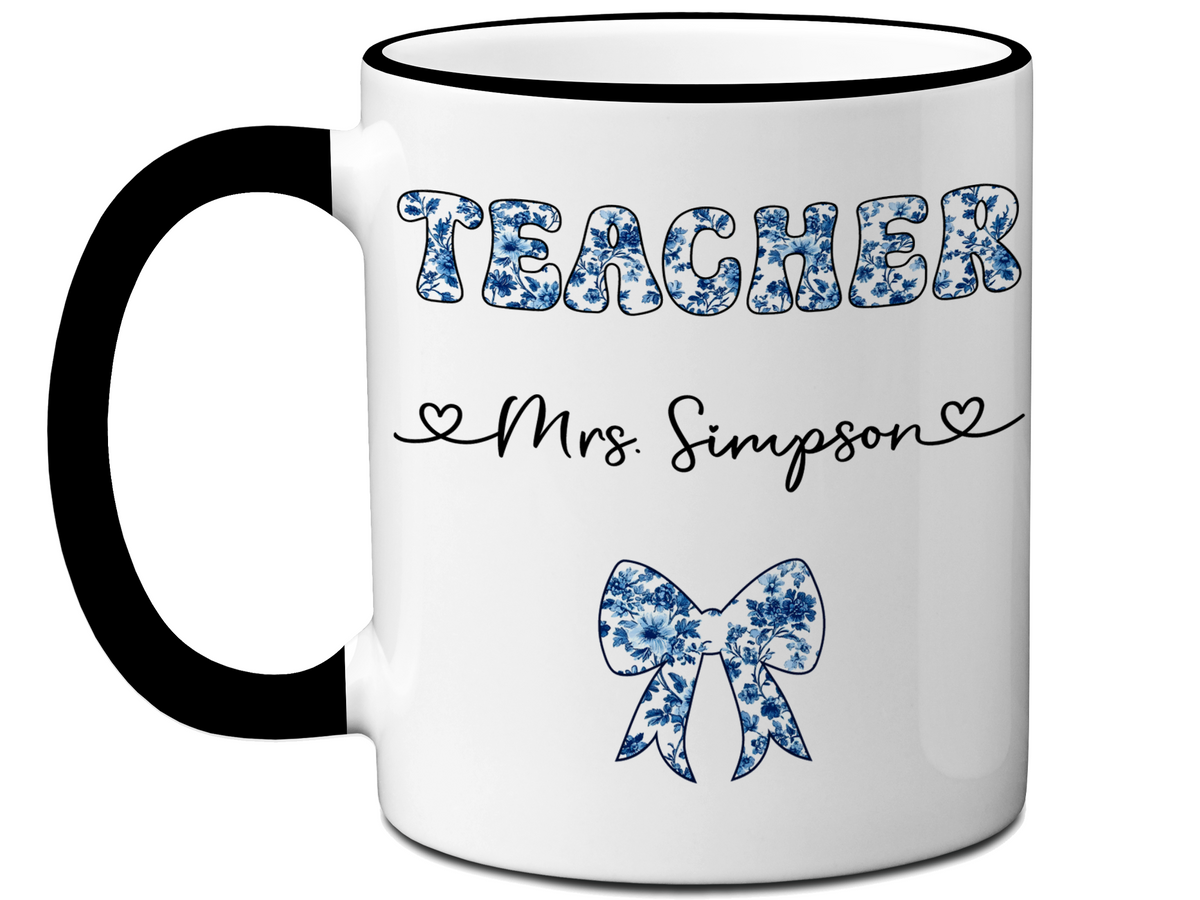 Personalized Teacher Mug – Blue Chinoiserie Flower Pattern with Custom Name & Bow – Teacher Appreciation Gift V2