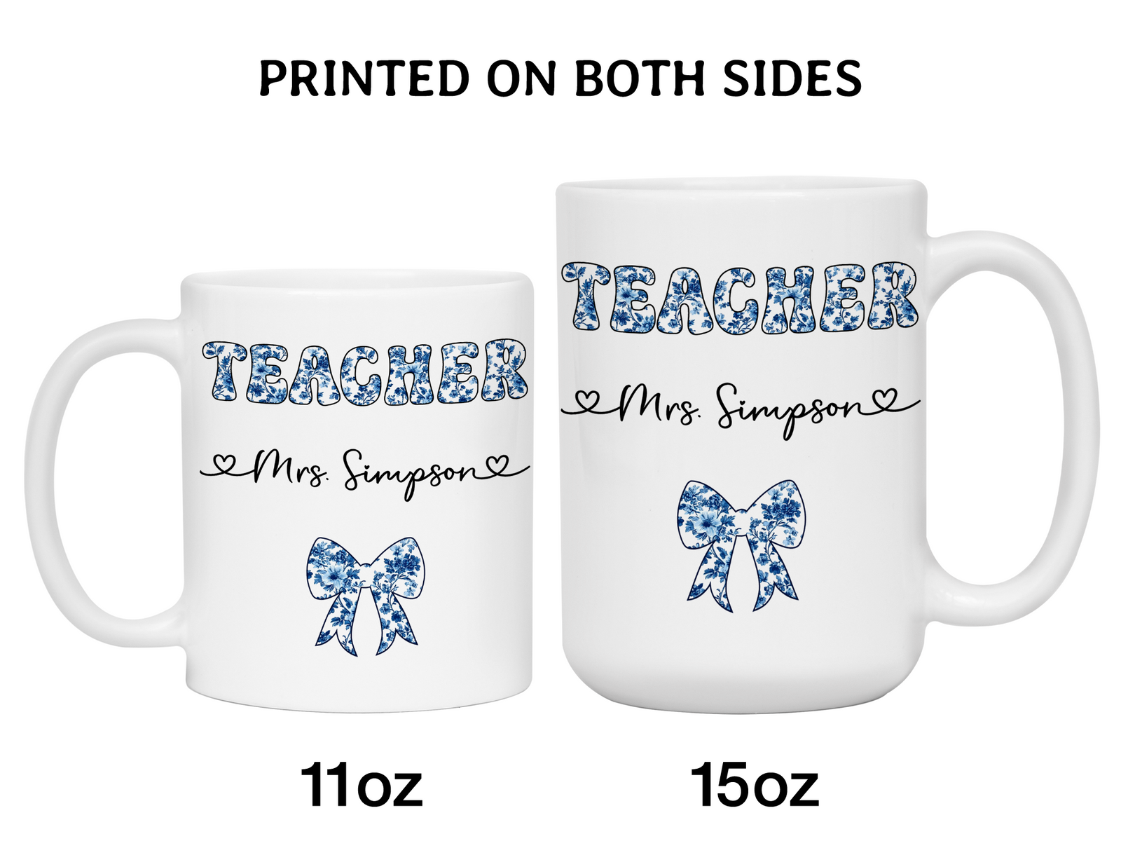 Personalized Teacher Mug – Blue Chinoiserie Flower Pattern with Custom Name & Bow – Teacher Appreciation Gift V2