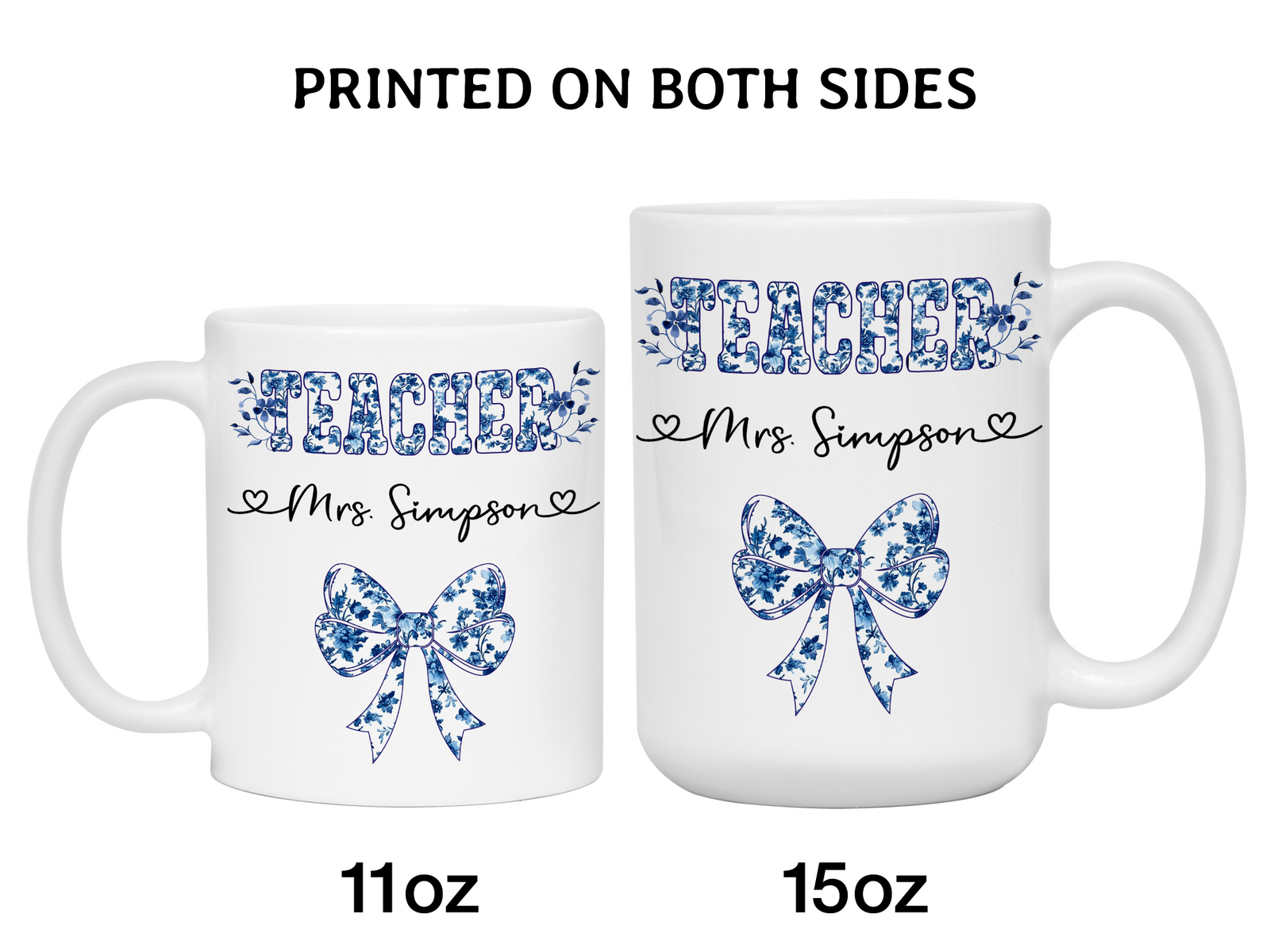 Personalized Teacher Mug – Blue Chinoiserie Flower Pattern with Custom Name & Bow – Teacher Appreciation Gift