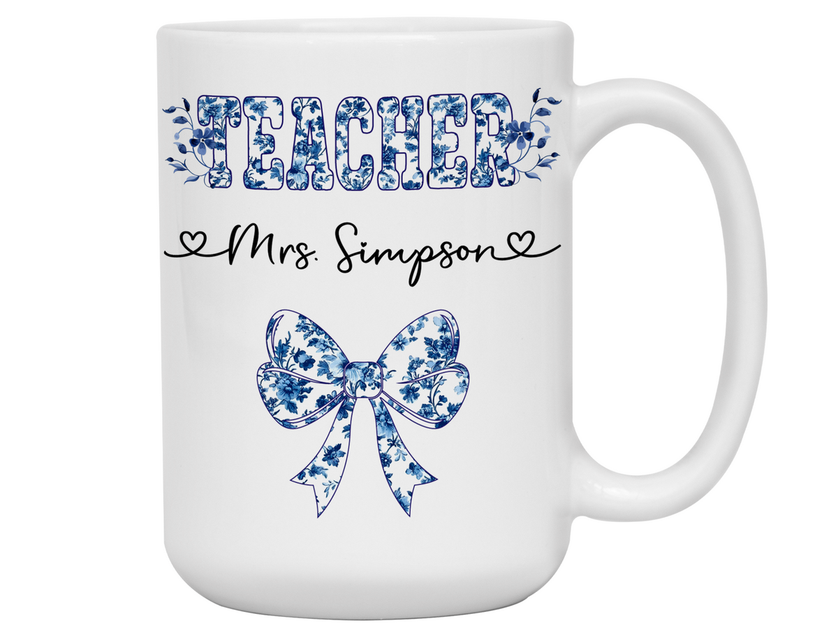 Personalized Teacher Mug – Blue Chinoiserie Flower Pattern with Custom Name & Bow – Teacher Appreciation Gift