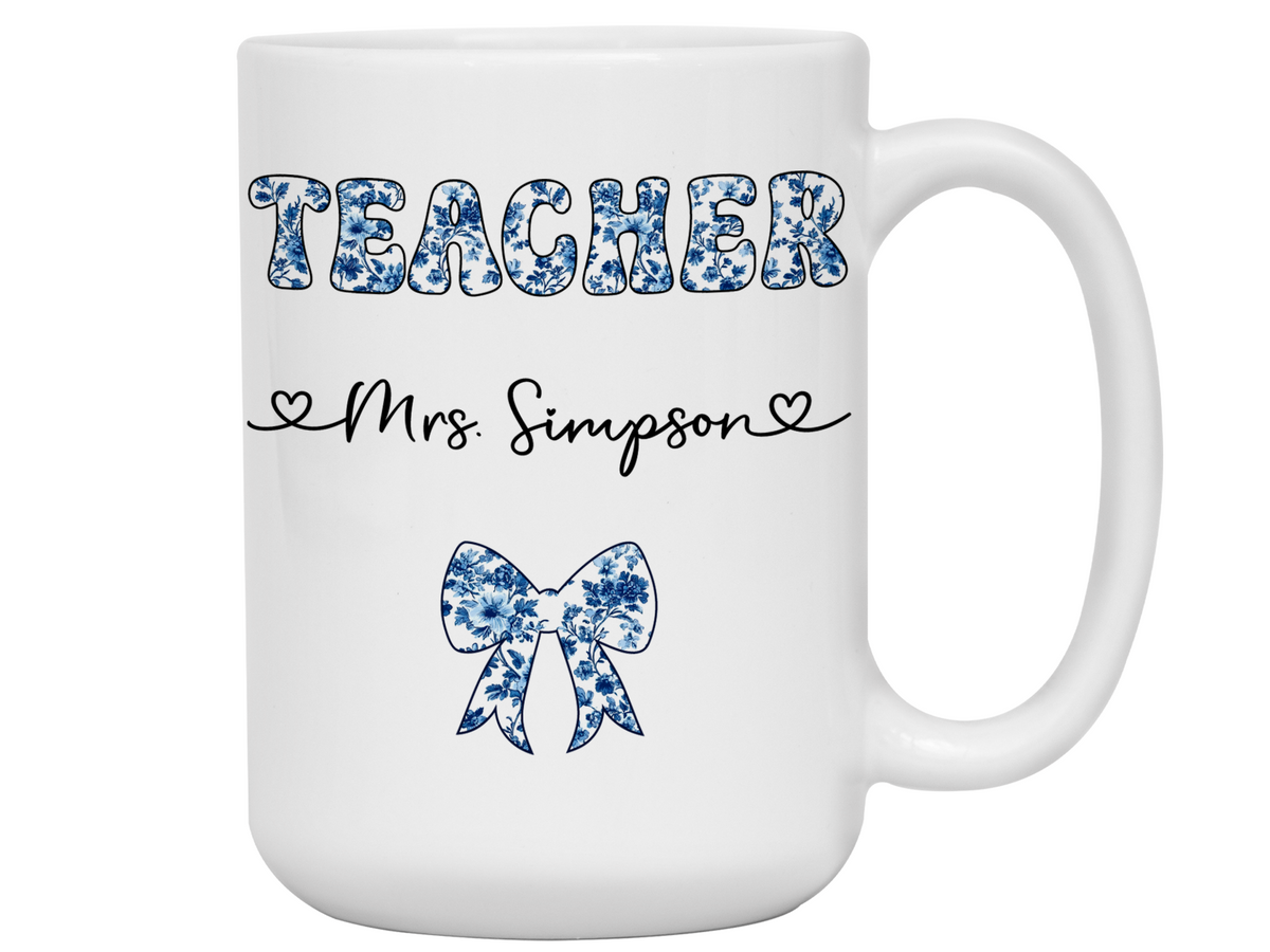 Personalized Teacher Mug – Blue Chinoiserie Flower Pattern with Custom Name & Bow – Teacher Appreciation Gift V2