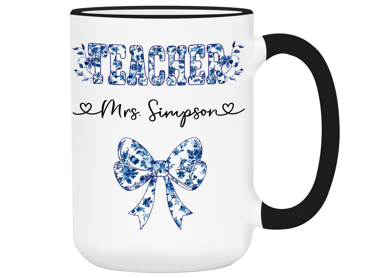 Personalized Teacher Mug – Blue Chinoiserie Flower Pattern with Custom Name & Bow – Teacher Appreciation Gift