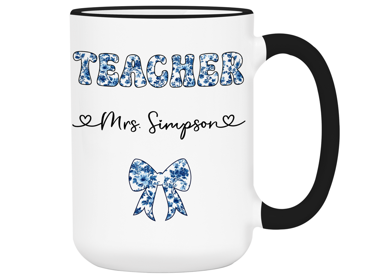 Personalized Teacher Mug – Blue Chinoiserie Flower Pattern with Custom Name & Bow – Teacher Appreciation Gift V2