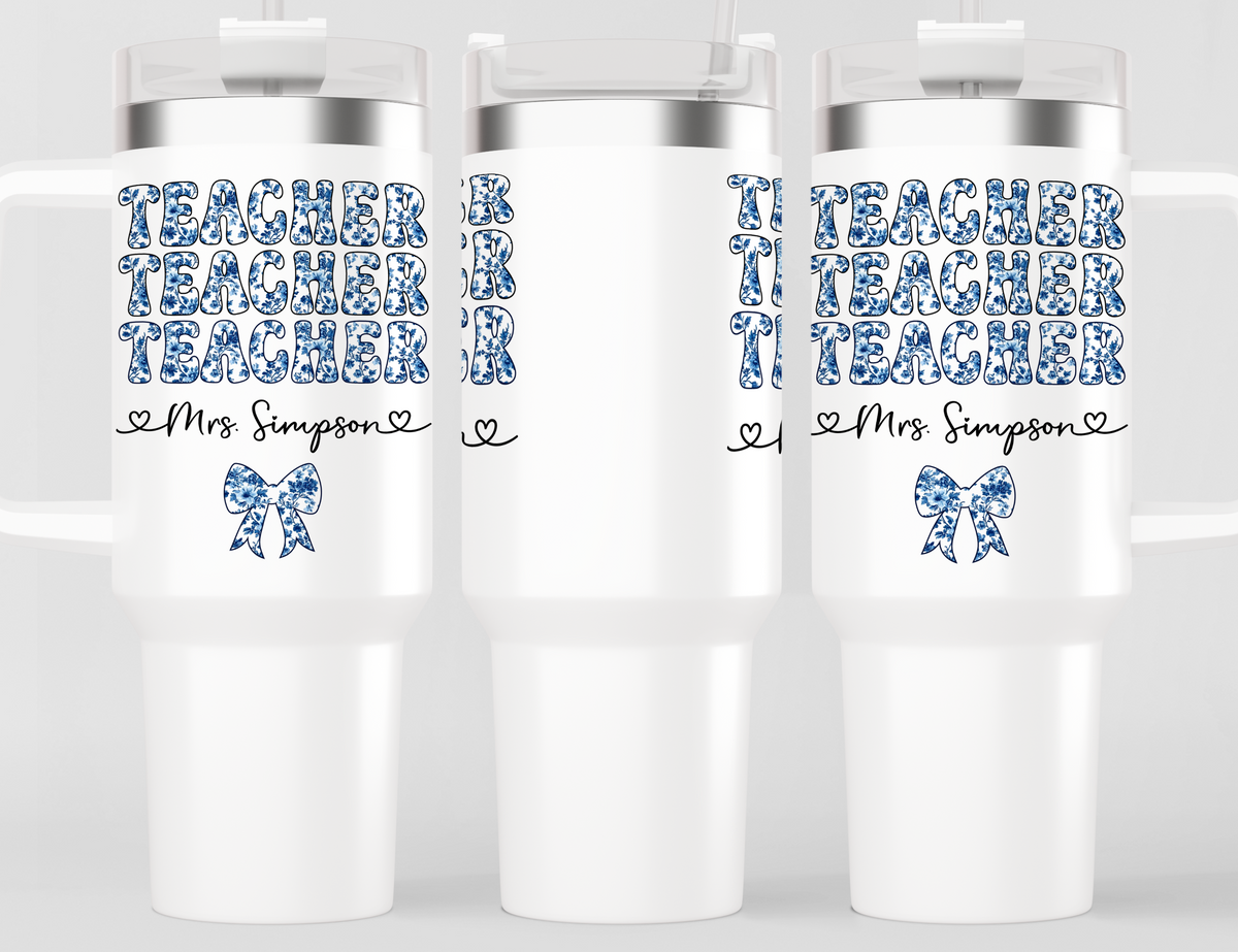 Personalized Teacher Tumbler | Chinoiserie Pattern & Coquette | Custom Name Stainless Steel Tumbler | Teacher Gift Idea (V3)