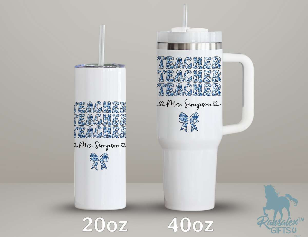 Personalized Teacher Tumbler | Chinoiserie Pattern & Coquette | Custom Name Stainless Steel Tumbler | Teacher Gift Idea (V3)