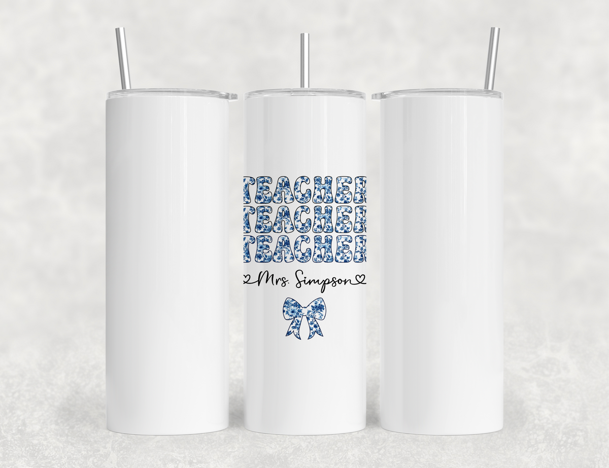 Personalized Teacher Tumbler | Chinoiserie Pattern & Coquette | Custom Name Stainless Steel Tumbler | Teacher Gift Idea (V3)