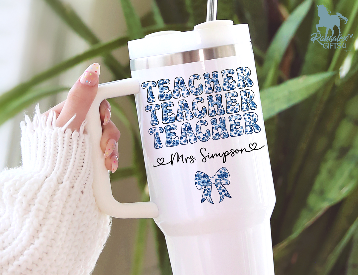 Personalized Teacher Tumbler | Chinoiserie Pattern & Coquette | Custom Name Stainless Steel Tumbler | Teacher Gift Idea (V3)