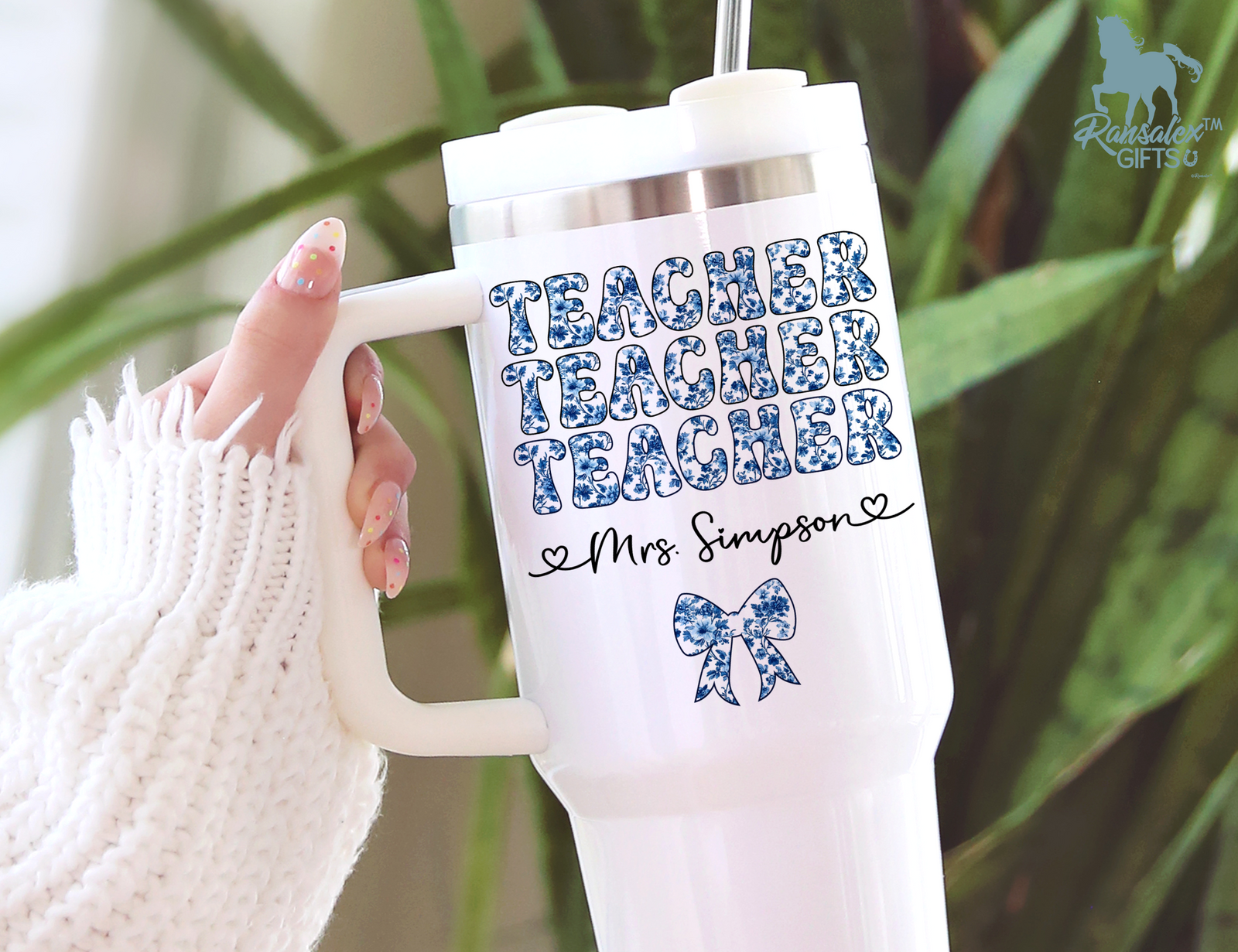 Personalized Teacher Tumbler | Chinoiserie Pattern & Coquette | Custom Name Stainless Steel Tumbler | Teacher Gift Idea (V3)