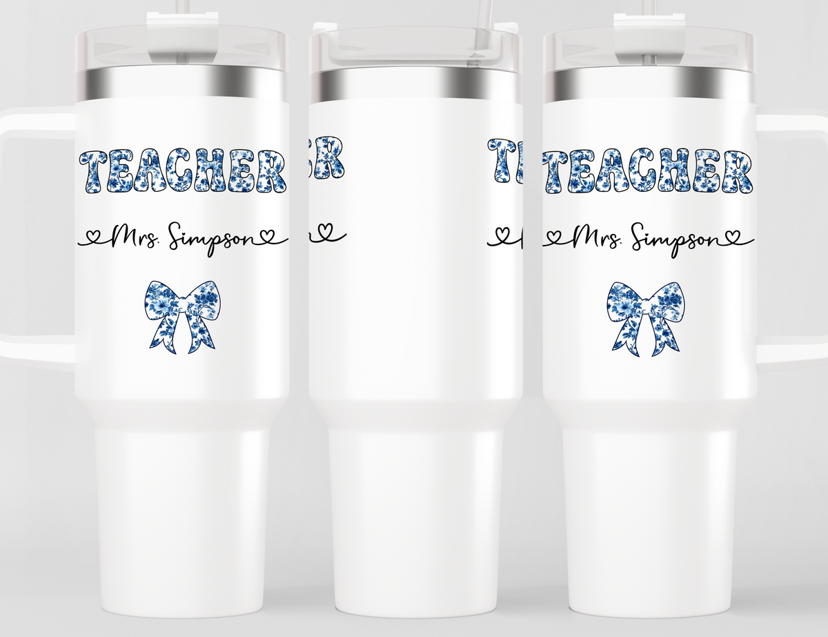Personalized Teacher Tumbler | Chinoiserie Pattern & Coquette | Custom Name Stainless Steel Tumbler | Teacher Gift Idea