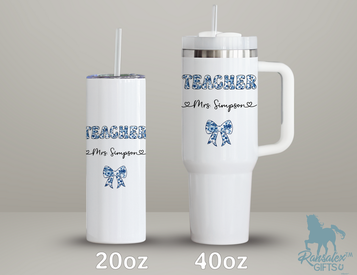 Personalized Teacher Tumbler | Chinoiserie Pattern & Coquette | Custom Name Stainless Steel Tumbler | Teacher Gift Idea