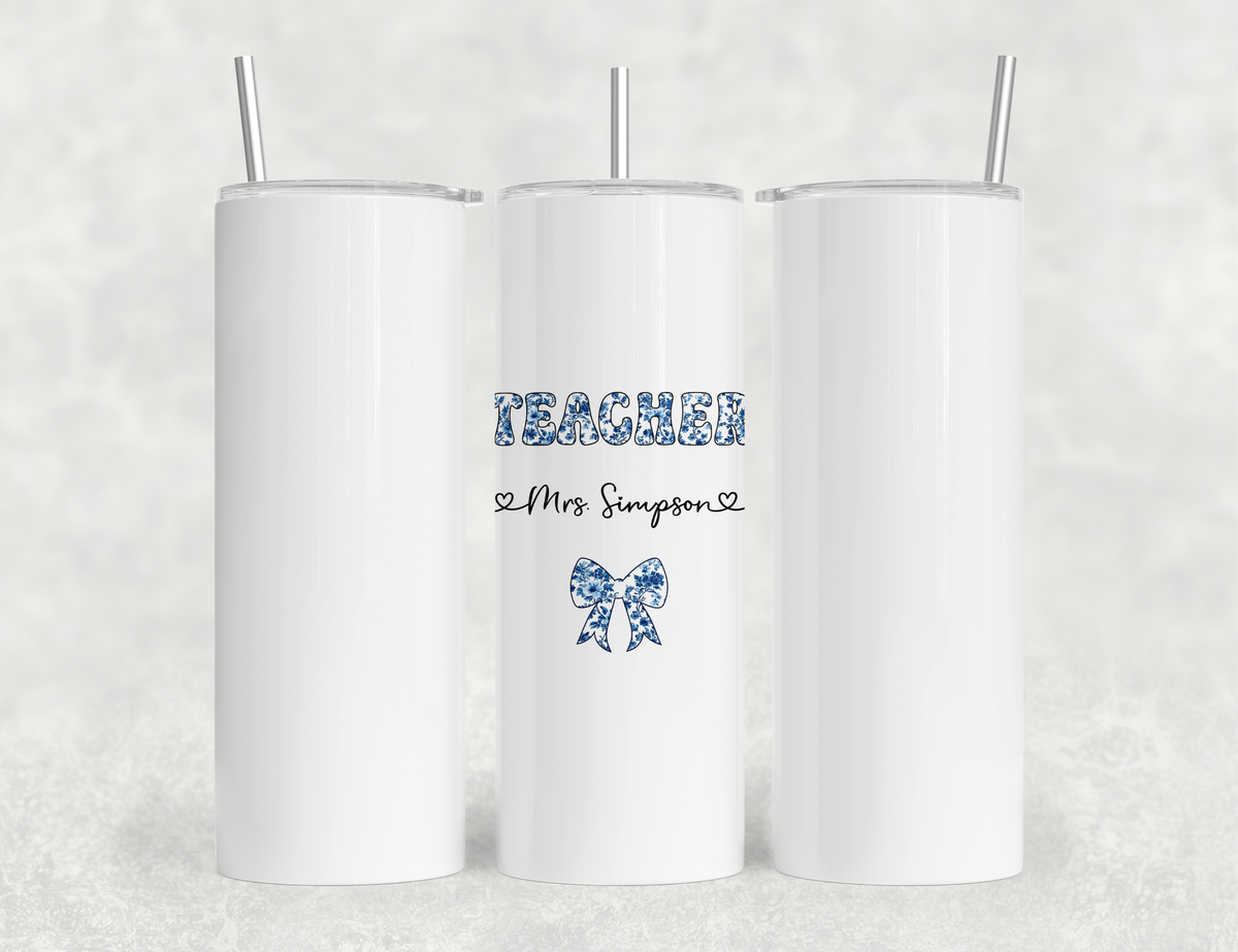 Personalized Teacher Tumbler | Chinoiserie Pattern & Coquette | Custom Name Stainless Steel Tumbler | Teacher Gift Idea