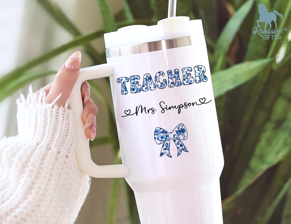 Personalized Teacher Tumbler | Chinoiserie Pattern &amp; Coquette | Custom Name Stainless Steel Tumbler | Teacher Gift Idea