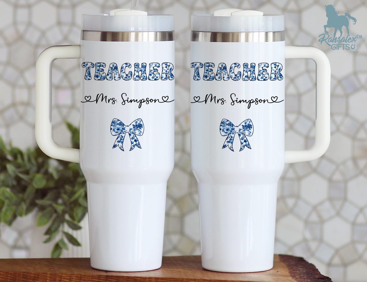 Personalized Teacher Tumbler | Chinoiserie Pattern & Coquette | Custom Name Stainless Steel Tumbler | Teacher Gift Idea