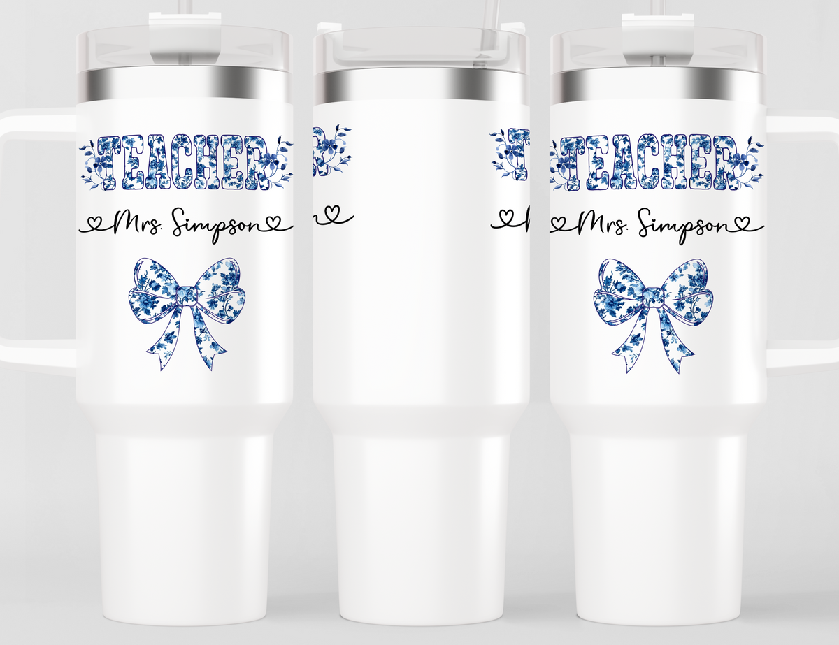 Personalized Teacher Tumbler | Chinoiserie Pattern & Coquette | Custom Name Stainless Steel Tumbler | Gift for Teachers
