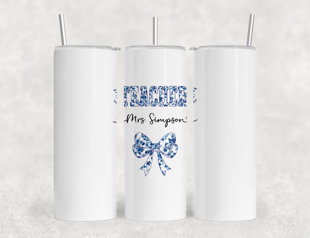 Personalized Teacher Tumbler | Chinoiserie Pattern & Coquette | Custom Name Stainless Steel Tumbler | Gift for Teachers