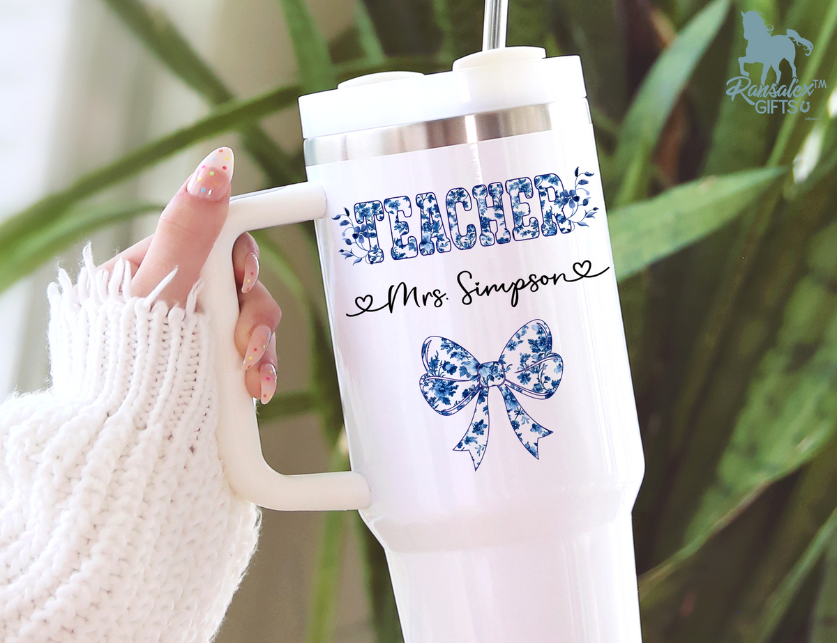 Personalized Teacher Tumbler | Chinoiserie Pattern &amp; Coquette | Custom Name Stainless Steel Tumbler | Gift for Teachers