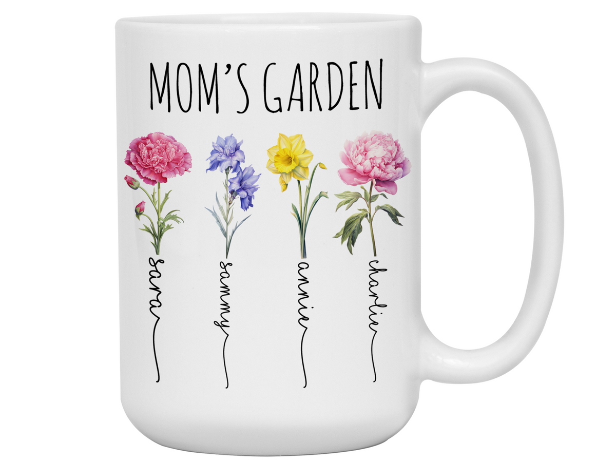 Personalized Mom's Garden Coffee Mug – Custom Birth Month Flowers & Kids'' Names Cup