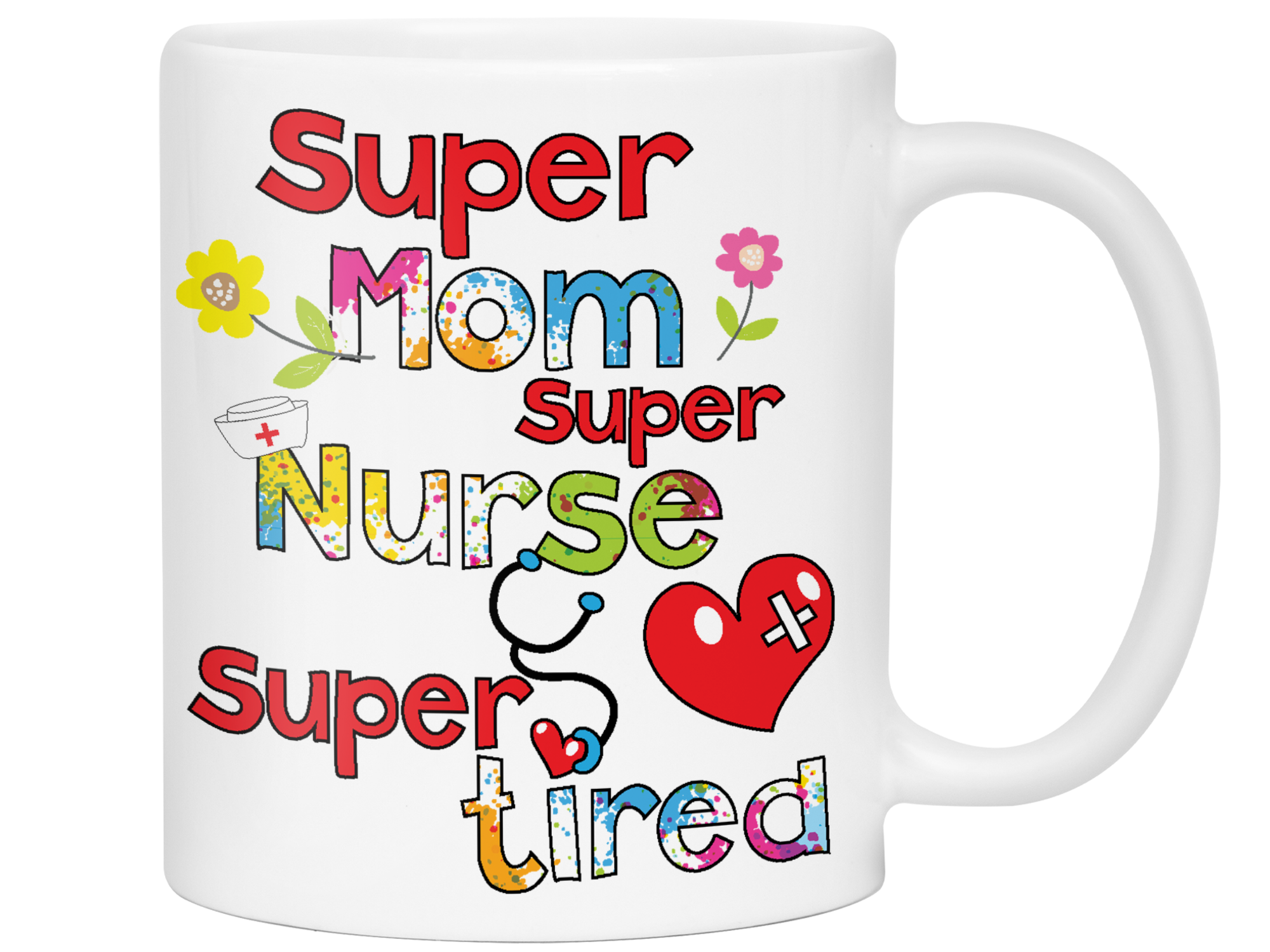 Super Wife Super Mom Super Tired Colorful Text Front & Back Coffee Mug
