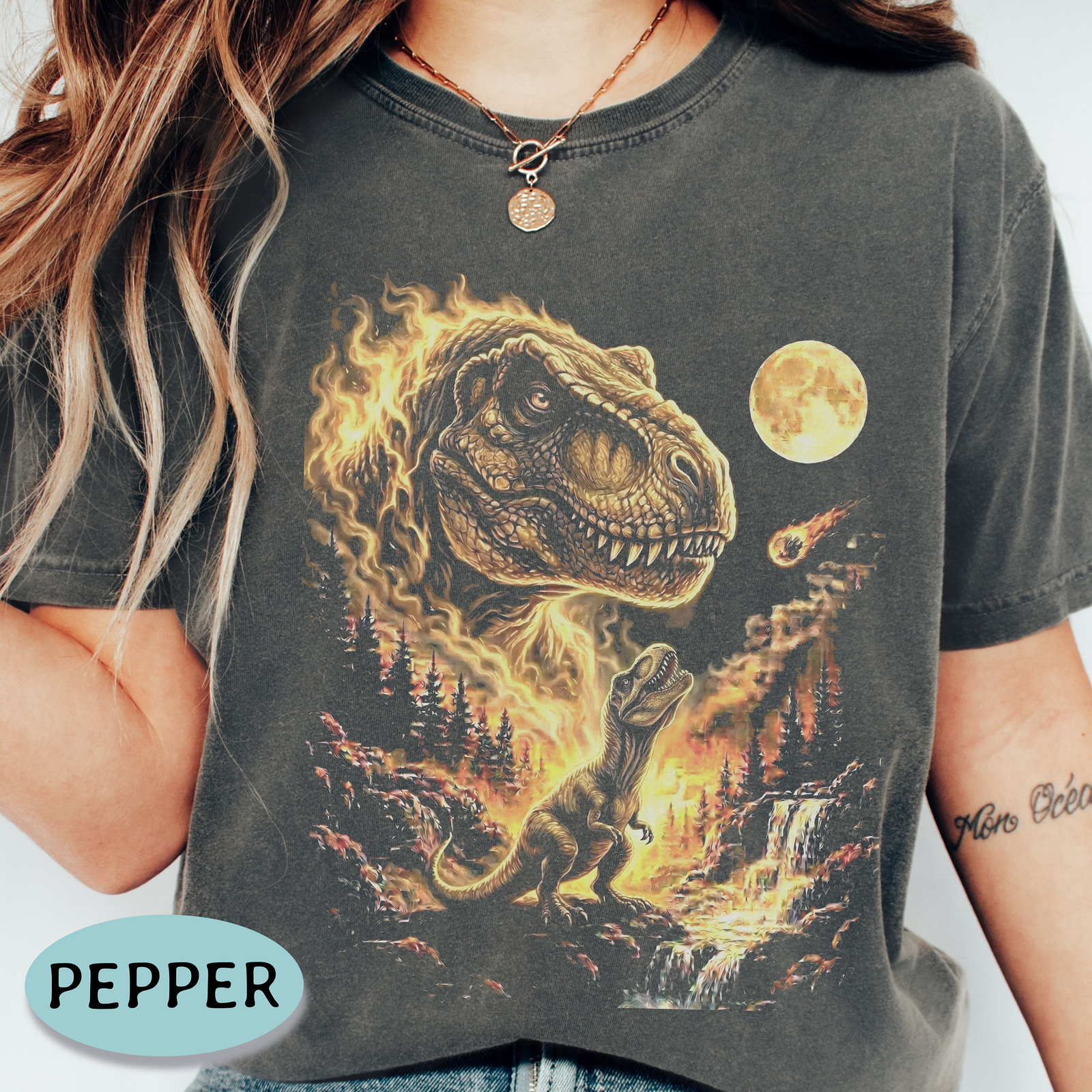 Vintage T-Rex howling at the full moon Comfort Colors dinosaur graphic shirt in Pepper