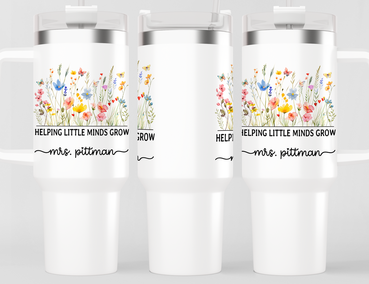 Personalized Teacher Tumbler – Watercolor Wildflowers Custom Name – Unique Teacher Gift - Helping Little Minds Grow