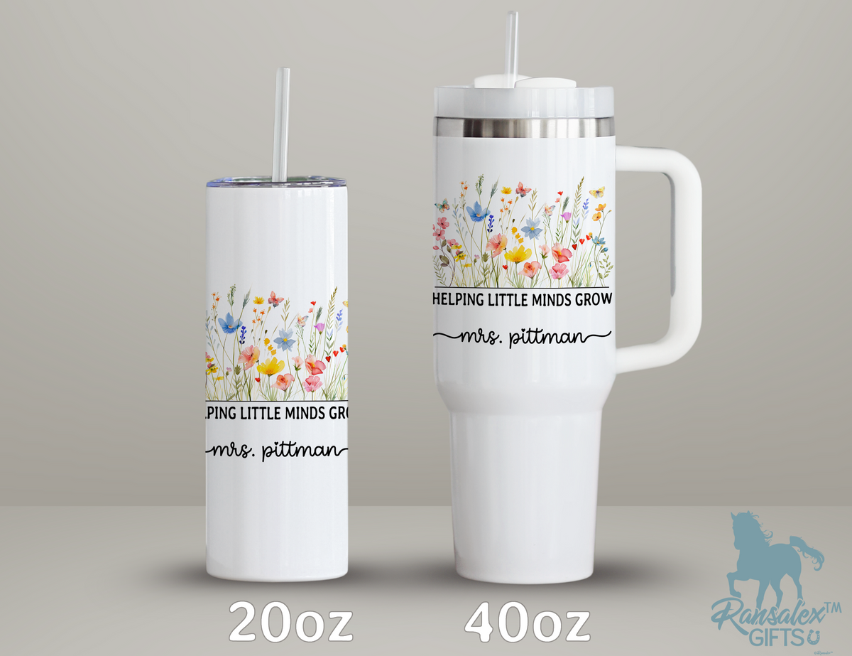 Personalized Teacher Tumbler – Watercolor Wildflowers Custom Name – Unique Teacher Gift - Helping Little Minds Grow