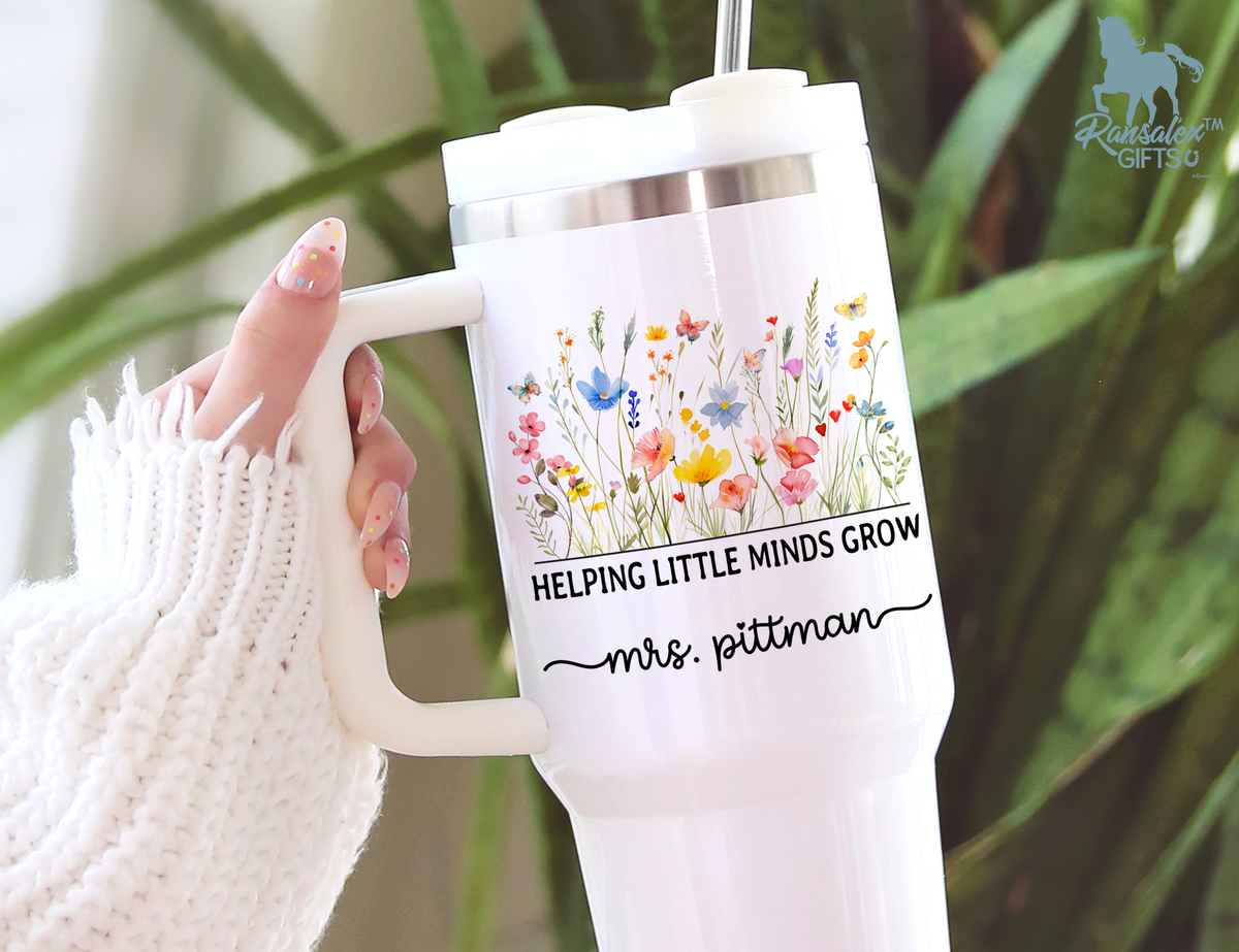 Personalized Teacher Tumbler – Watercolor Wildflowers Custom Name – Unique Teacher Gift - Helping Little Minds Grow