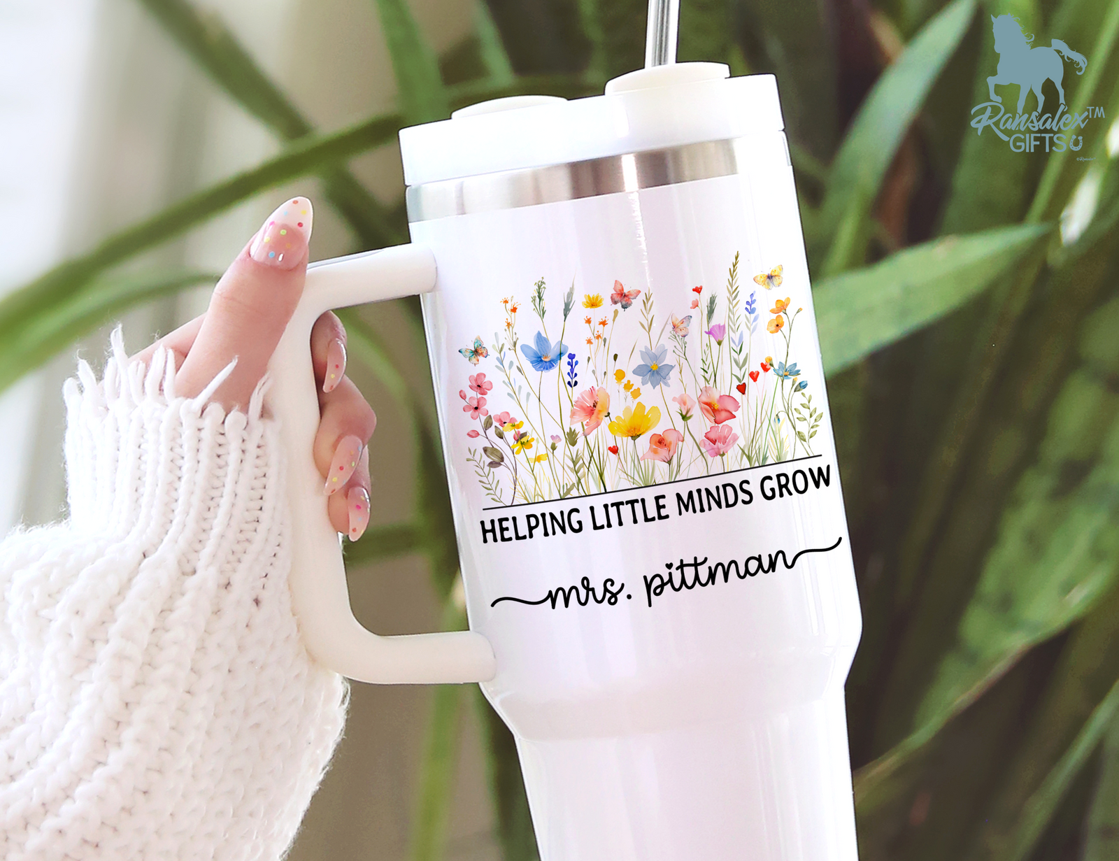 Personalized Teacher Tumbler – Watercolor Wildflowers Custom Name – Unique Teacher Gift - Helping Little Minds Grow