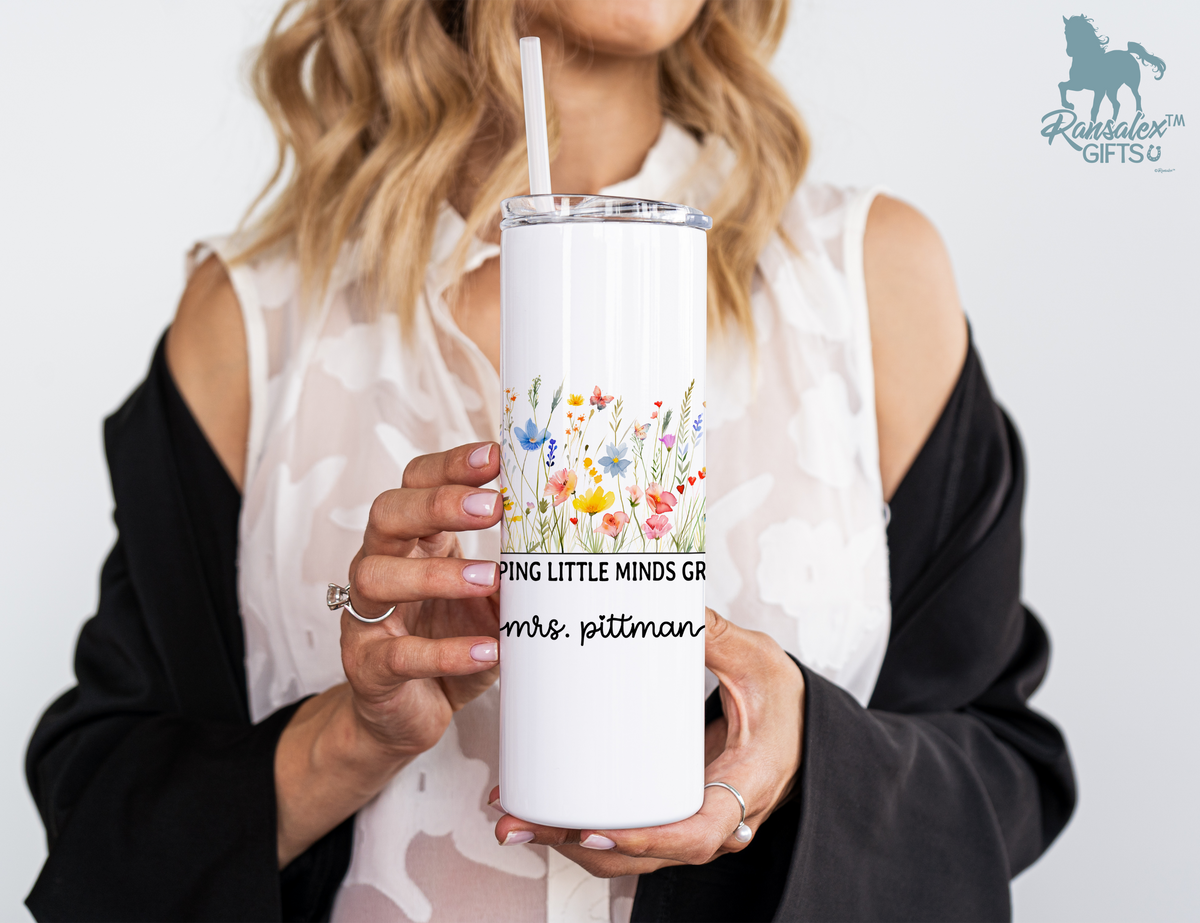 Personalized Teacher Tumbler – Watercolor Wildflowers Custom Name – Unique Teacher Gift - Helping Little Minds Grow