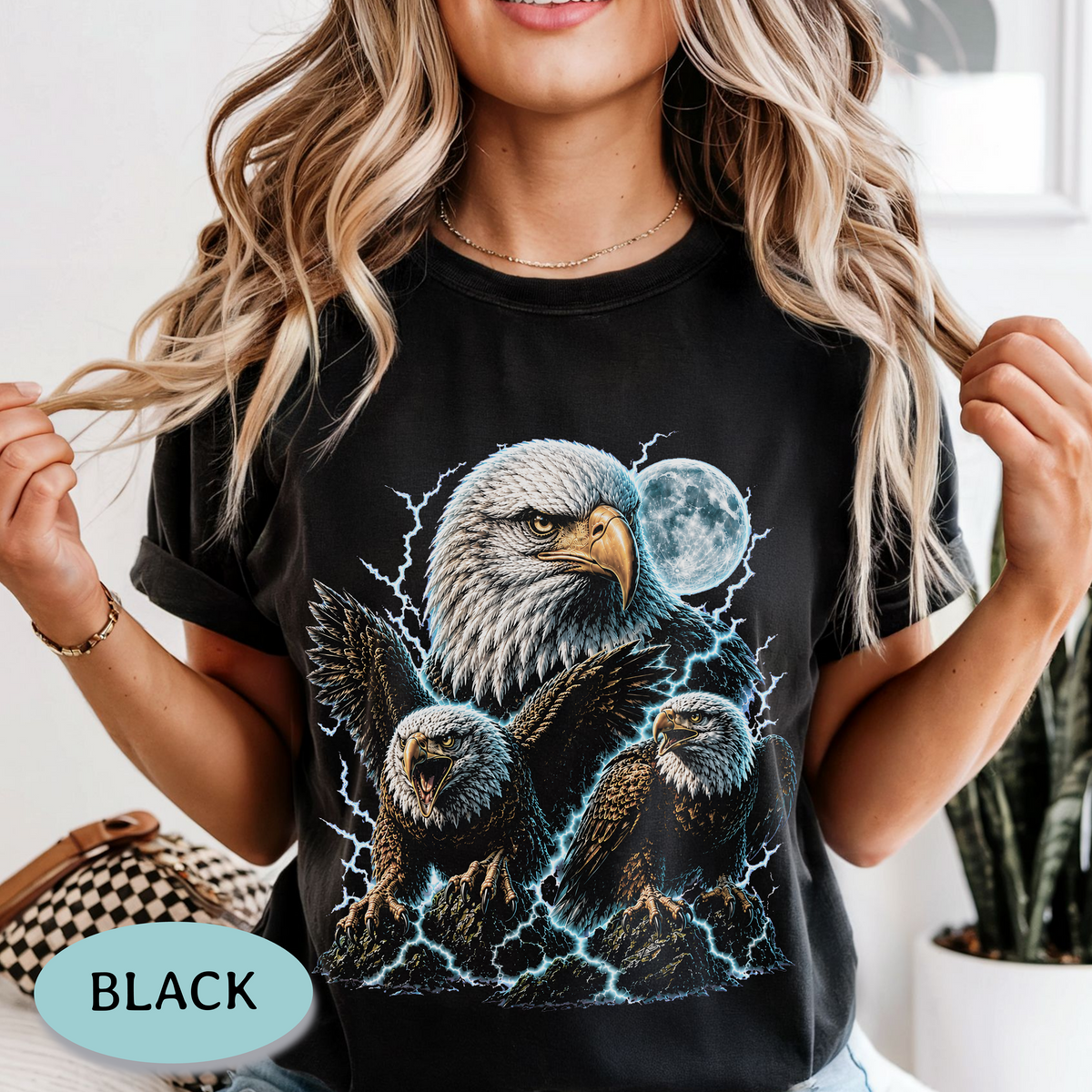Three Bald Eagles Moon Shirt – Lightning Graphic Tee