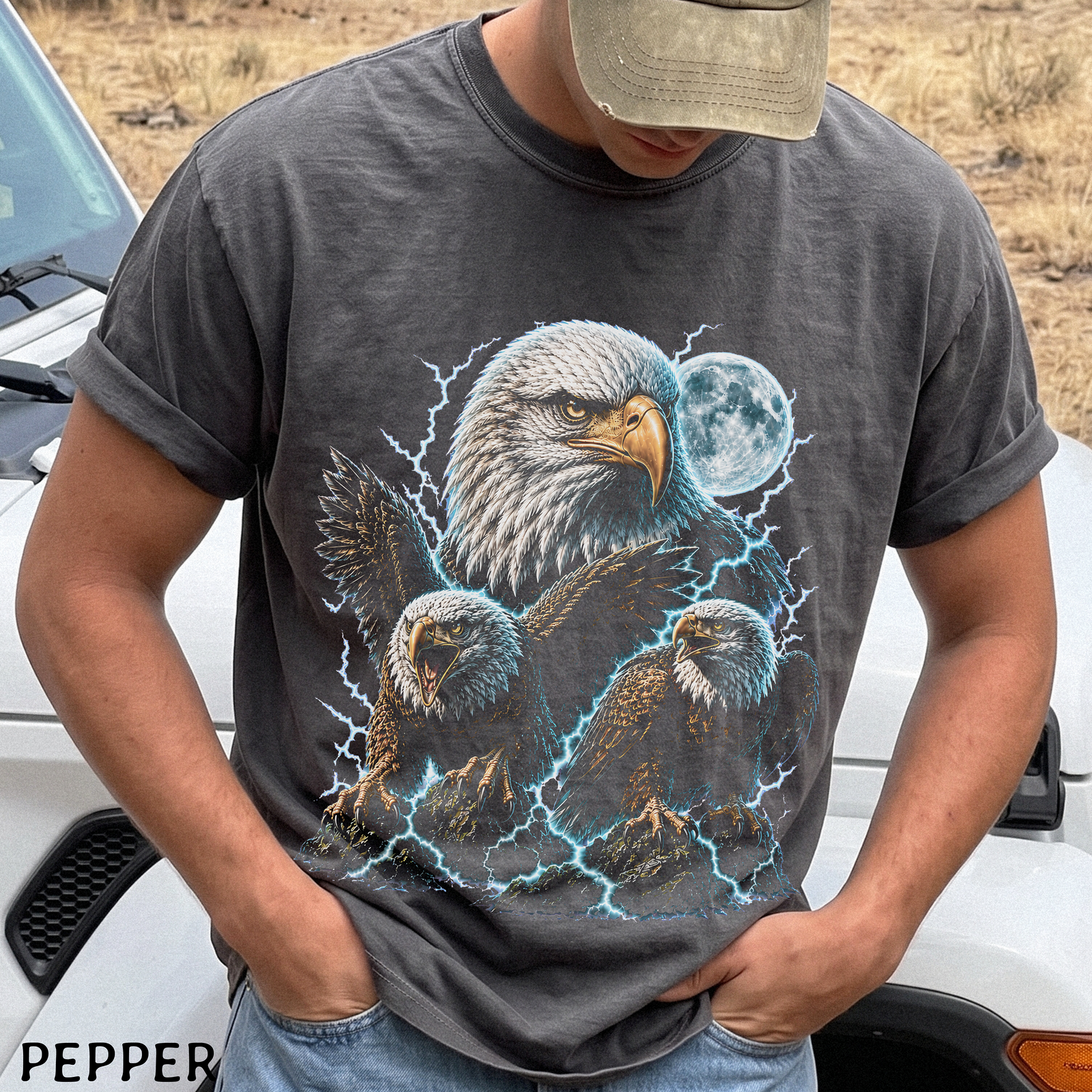 Three Bald Eagles Moon Shirt – Lightning Graphic Tee