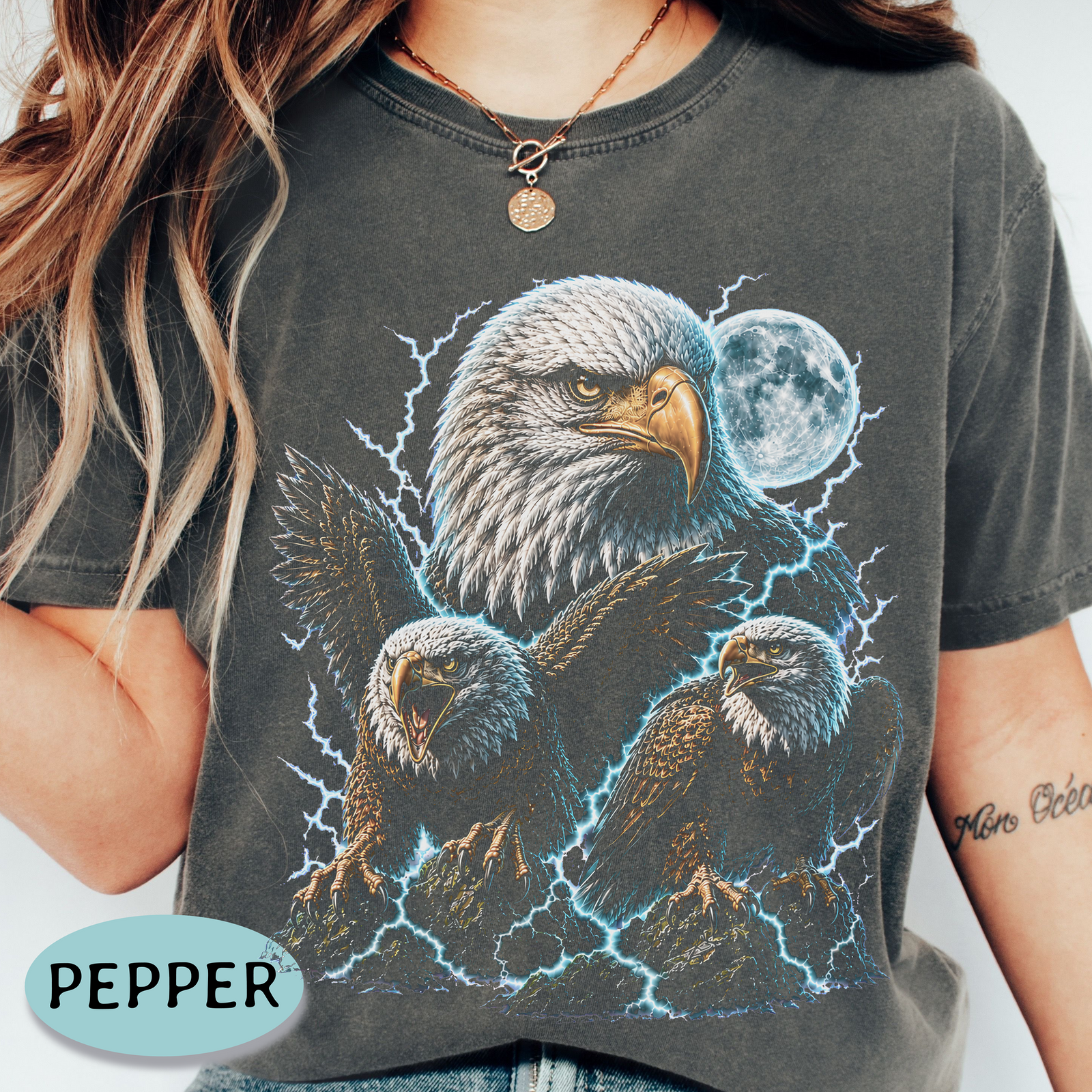 Three Bald Eagles Moon Shirt – Lightning Graphic Tee