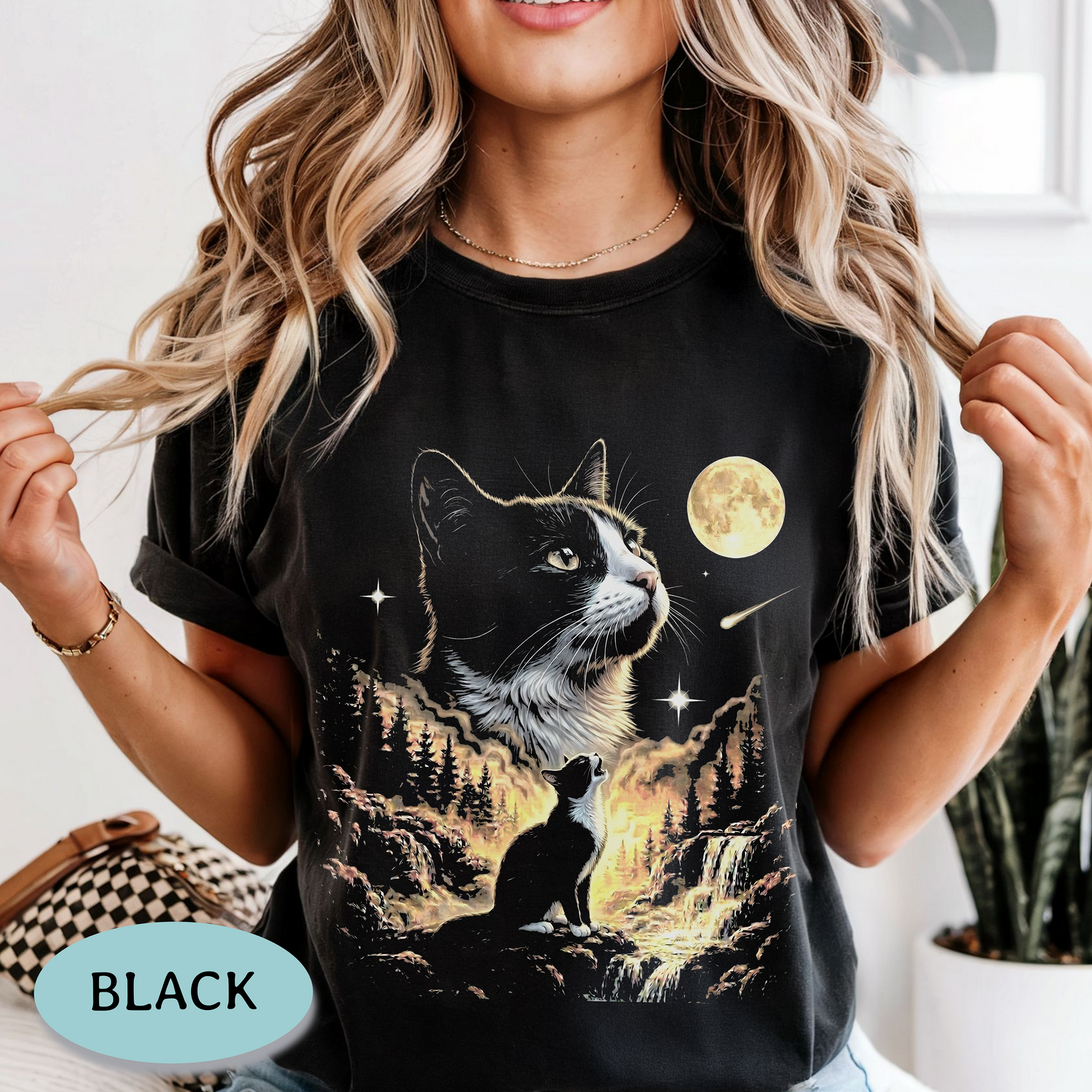 Tuxedo Cat Howling at the Moon Shirt – Comfort Colors Tee