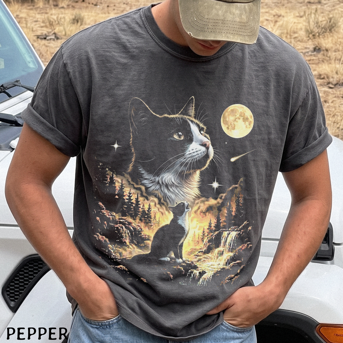 Tuxedo Cat Howling at the Moon Shirt – Comfort Colors Tee